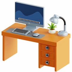 Isometric vector illustration of office workplace. Interior set: office desk, modern chair, computer, lamp