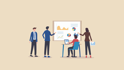 Business team presenting data charts on a whiteboard during a meeting in a modern office space