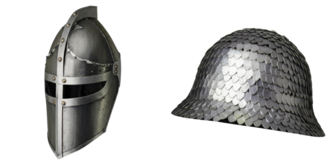 PNG Two medieval helmets stand side-by-side on a transparent background.