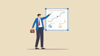 Fototapeta premium Businessman presenting financial data on a whiteboard with a graph and a pie chart displayed clearly