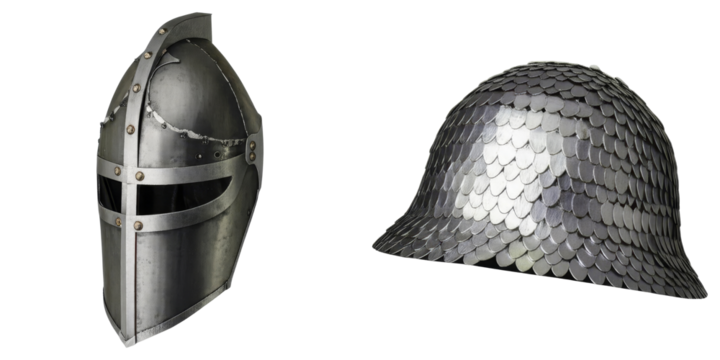 PNG Two medieval helmets stand side-by-side on a transparent background.