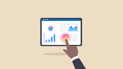 A person touching a tablet displaying charts and graphs for data analysis and presentation work flow
