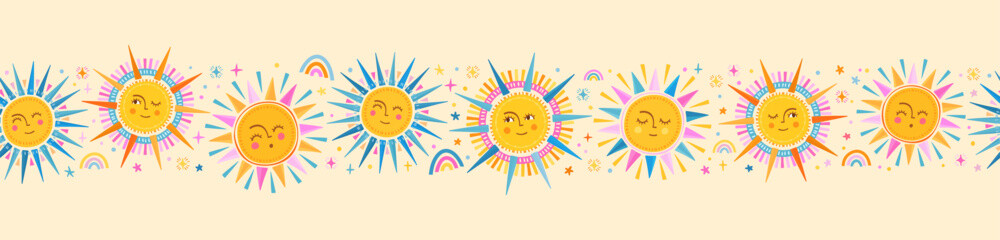 Lovely hand drawn seamless pattern with cute suns, smiley faces, summer design, great for banners, textiles, wallpapers, wrapping, surface design - vector