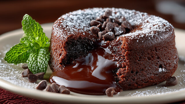 A rich chocolate lava cake with its center sliced open, revealing molten chocolate oozing out, sits elegantly on a grand table, capturing indulgence, texture, and dessert perfection. - Powered by Adobe