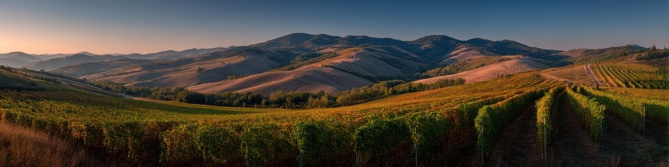 Fototapeta premium vineyard stretching across rolling hills at sunset, panoramic view, perfect lighting, realistic and cinematic style