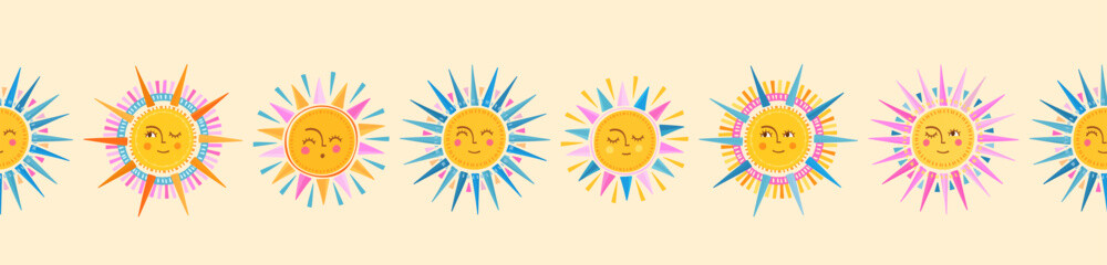 Lovely hand drawn seamless pattern with cute suns, smiley faces, summer design, great for banners, textiles, wallpapers, wrapping, surface design - vector