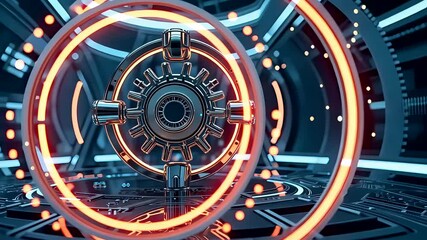 Futuristic Digital Vault with Glowing Orange Rings and Metallic Gear Mechanism in 3D Environment - Powered by Adobe