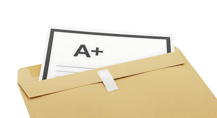 A plus grade in envelope for school exam results achievement and education success