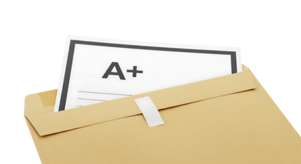 A plus grade in envelope for school exam results achievement and education success