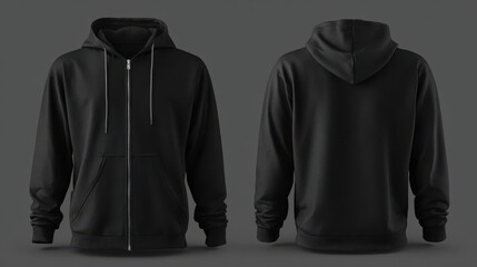 A 4K photo of black pullover hoodie with zipper mockup for men with front and back view. hoodie mock-up template .