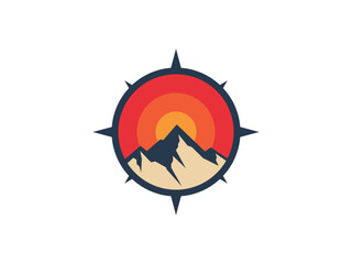 Mountain, Compass and Sunset Logo Vector