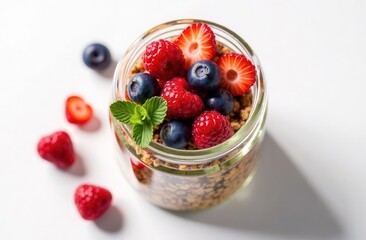 granola with berries in a jar on a white background, top view. healthy fitness food with baked cereals, nuts and honey