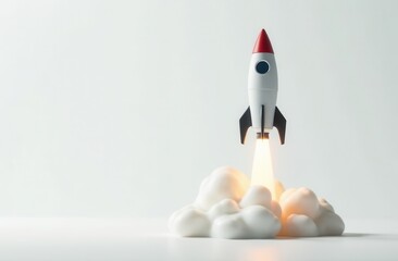 3d model of a rocket taking off on a light background with copy space. concept for the successful launch of a new startup business project