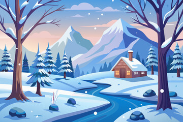 Fototapeta premium peaceful winter landscape with snowy cabin, pine trees and mountain view in a scenic forest setting