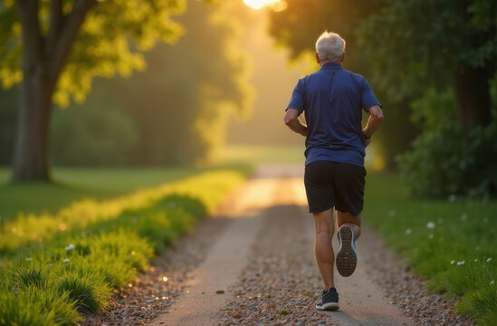 elderly man runs along an alley in natural park. healthy active lifestyle in old age