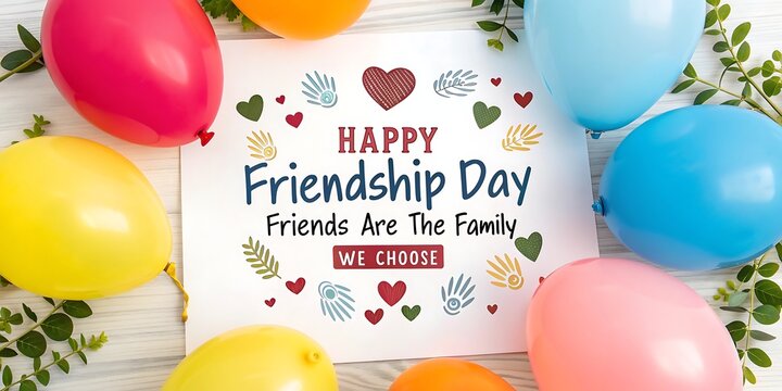 Happy friendship day celebration with colorful balloons and greenery - Powered by Adobe