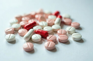 tablets pills and capsules of different colors lie on a white background. concept of medicine, health, treatment and dietary supplements