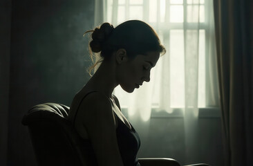 lonely sad girl sitting in a chair at home, depressed. depression and mental health concept