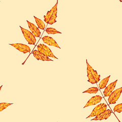 Naklejka premium Seamless watercolor pattern of orange and yellow autumn leaves. Perfect for seasonal wrapping paper, textile prints, stationery, or fall-themed backgrounds.