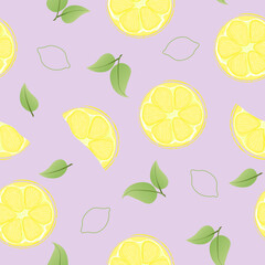 Seamless pattern with hand drawn lemon slice on purple background. Fresh organic fruit, healthy, vegan, raw food.