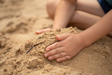 Hands of a child playing in a sandbox and building sand slides and castles. Sunny summer day.