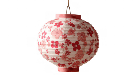 Round paper lantern with a delicate red floral pattern hanging against a transparent background, creating a festive and decorative atmosphere