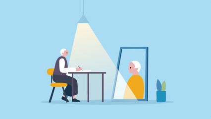 Obraz premium Elderly person writing at desk with mirror reflecting their image under a bright hanging light source