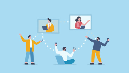 People connecting through video call with laptops and smartphones in a light blue background scene