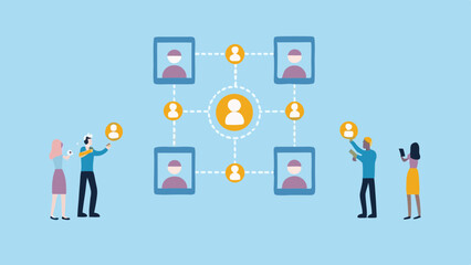 Fototapeta premium Illustration of a social network with people connected by lines and people interacting