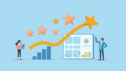 Illustration showing business growth with people stars and charts on a light blue background