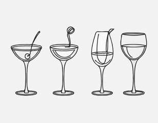 Elegant Wine Glass, Cocktail Shaker, and Coffee Cup Line Icons Set for Stylish Bar Menus