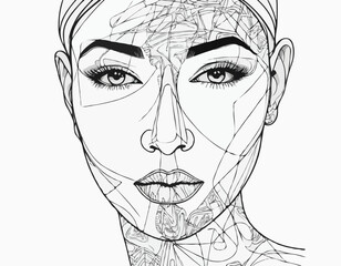Expressive Black and White Continuous Line Drawing of a Human Face with Graffiti Elements, Exploring Identity and Emotion in Contemporary Street Art Style.