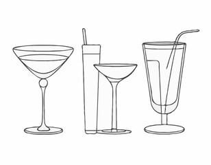 Elegant Wine Glass, Cocktail Shaker, and Coffee Cup Line Icons Set for Stylish Bar Menus