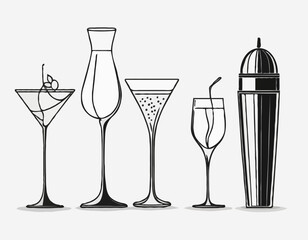 Elegant Wine Glass, Cocktail Shaker, and Coffee Cup Line Icons Set for Stylish Bar Menus
