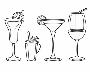 Elegant Wine Glass, Cocktail Shaker, and Coffee Cup Line Icons Set for Stylish Bar Menus