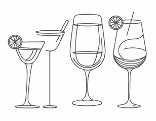 Elegant Wine Glass, Cocktail Shaker, and Coffee Cup Line Icons Set for Stylish Bar Menus