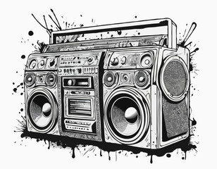 Detailed Line Art Illustration of a Boombox Surrounded by Graffiti Splatter, Representing Hip Hop Culture, Music, and Urban Creativity for Posters and Flyers.