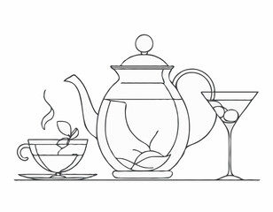 Delicate Tea Pot, Wine Bottle, and Martini Glass Line Art Illustrations for Beverage Concepts