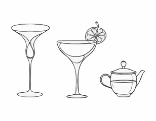 Charming Line Drawings of Wine Glass, Cocktail Shaker, and Tea Cup for Drink Designs