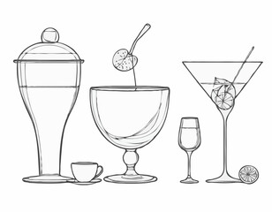 Charming Line Drawings of Wine Glass, Cocktail Shaker, and Tea Cup for Drink Designs