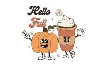 Retro cartoon pumpkin and coffee cup characters saying hello fall isolated on transparent background © Lemon