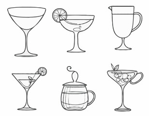 Charming Line Drawings of Wine Glass, Cocktail Shaker, and Tea Cup for Drink Designs