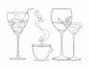Charming Line Drawings of Wine Glass, Cocktail Shaker, and Tea Cup for Drink Designs