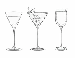 Charming Line Drawings of Wine Glass, Cocktail Shaker, and Tea Cup for Drink Designs
