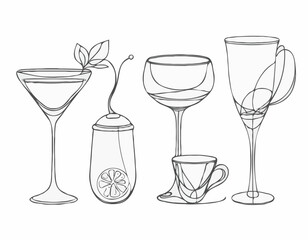Charming Line Drawings of Wine Glass, Cocktail Shaker, and Tea Cup for Drink Designs