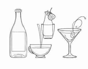 Whimsical Line Art of Wine Bottle, Cocktail Glass, and Tea Cup for Drink Labels
