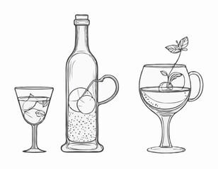 Whimsical Line Art of Wine Bottle, Cocktail Glass, and Tea Cup for Drink Labels