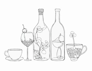 Whimsical Line Art of Wine Bottle, Cocktail Glass, and Tea Cup for Drink Labels