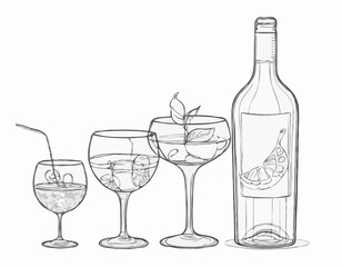 Whimsical Line Art of Wine Bottle, Cocktail Glass, and Tea Cup for Drink Labels