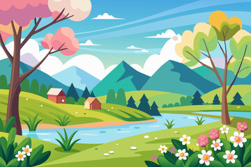 Obraz premium spring landscape illustration with mountains, trees, flowers and blue sky